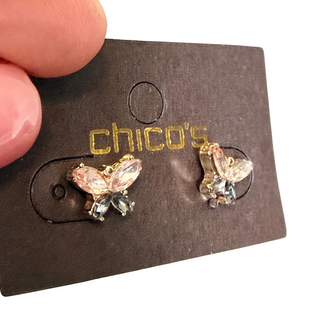 Vintage Chico's Butterfly Crystal Stud Earrings‎ Pink Gray Gold Tone NOS Y2K